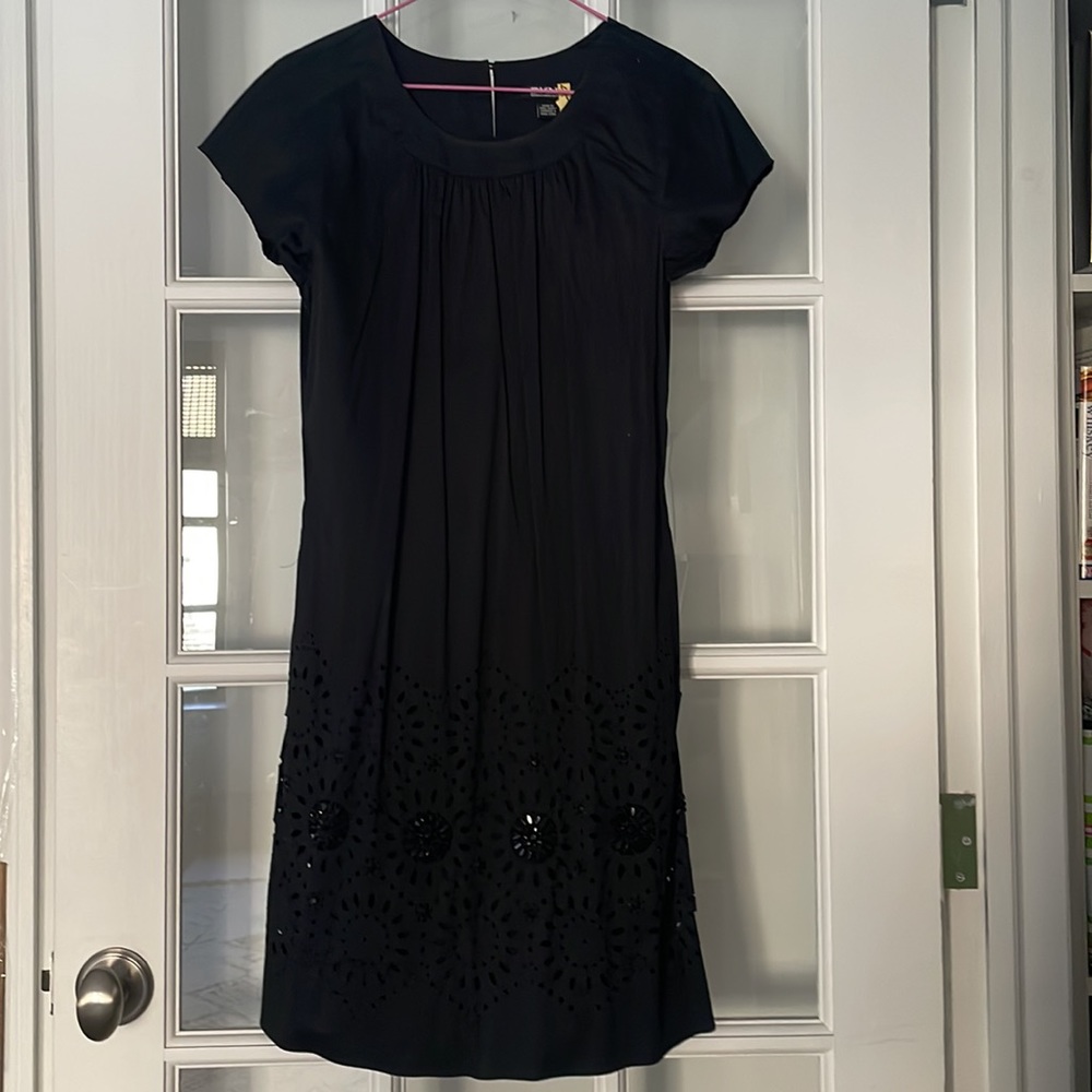 DKNY A-line short sleeve dress with beaded skirt details